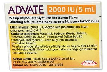 ADVATE 2000 IU/5 ML IV ENJEKSIYON ICIN LIYOFILIZE TOZ ICEREN FLAKON